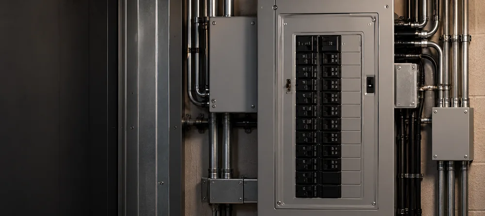 Modern gray electrical panel with covered breakers and neatly arranged conduits