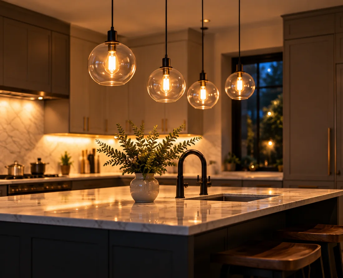 Warm glass pendant lights above a kitchen island at dusk